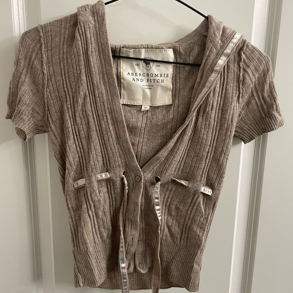 Balletcore soft grunge cropped buttoned short sleeve hooded cardigan with ribbon